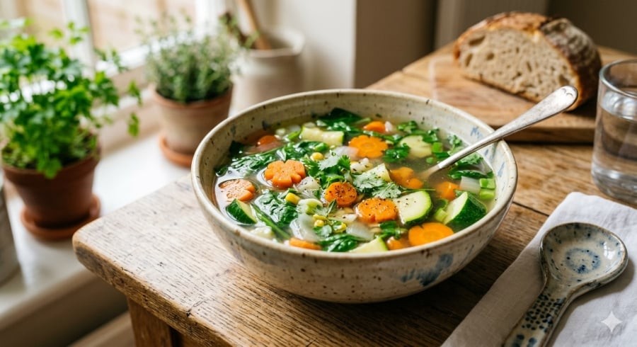 Canh rau củ thanh đạm giúp bổ sung nước và dưỡng chất mà không gây áp lực lớn cho cơ thể.