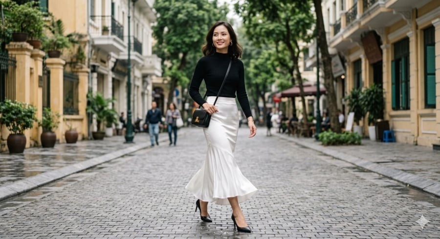 Công thức đen – trắng tối giản giúp váy lụa trở nên tinh tế và dễ ứng dụng.