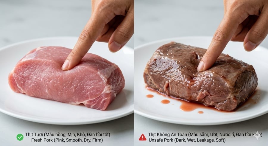 So sánh thịt lợn tươi và thịt có dấu hiệu “ngậm nước”: chỉ cần quan sát và ấn nhẹ là có thể nhận biết sự khác biệt.