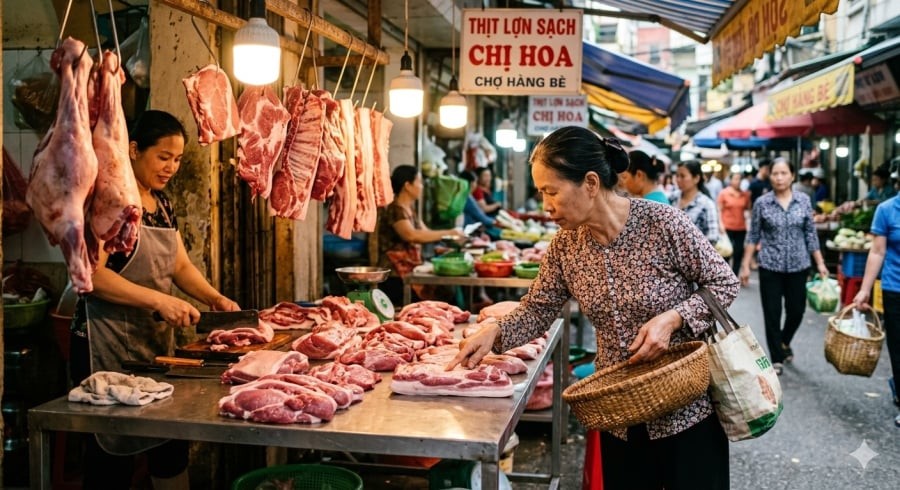 Người nội trợ kiểm tra màu sắc và độ đàn hồi của thịt lợn tại chợ – bước quan trọng để tránh mua phải thịt kém chất lượng.