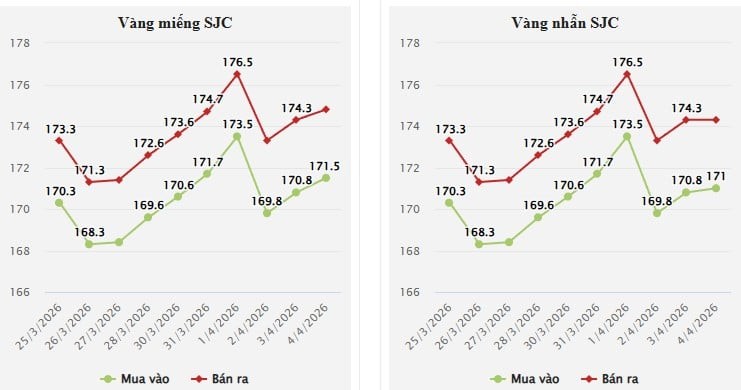 Vàng nhẫn tròn ép vỉ 9999 của Bảo Tín Mạnh Hải niêm yết 168,1–171,1 triệu đồng/lượng, giảm 1,4 triệu đồng/lượng ở cả hai chiều, tương tự, vàng nhẫn trơn Bảo Tín Minh Châu cũng giao dịch 168,1–171,1 triệu đồng/lượng, giảm tương tự.

