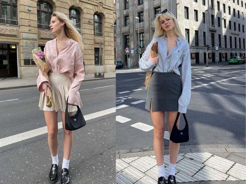  Không chỉ giới hạn ở kiểu sơ mi trắng cổ điển, các thiết kế kẻ sọc, chấm bi hoặc màu sắc tươi sáng cũng giúp tổng thể trở nên trẻ trung hơn.