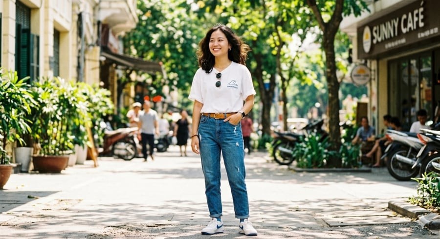 Combo áo thun trắng và jeans xanh luôn là lựa chọn an toàn nhưng cuốn hút.