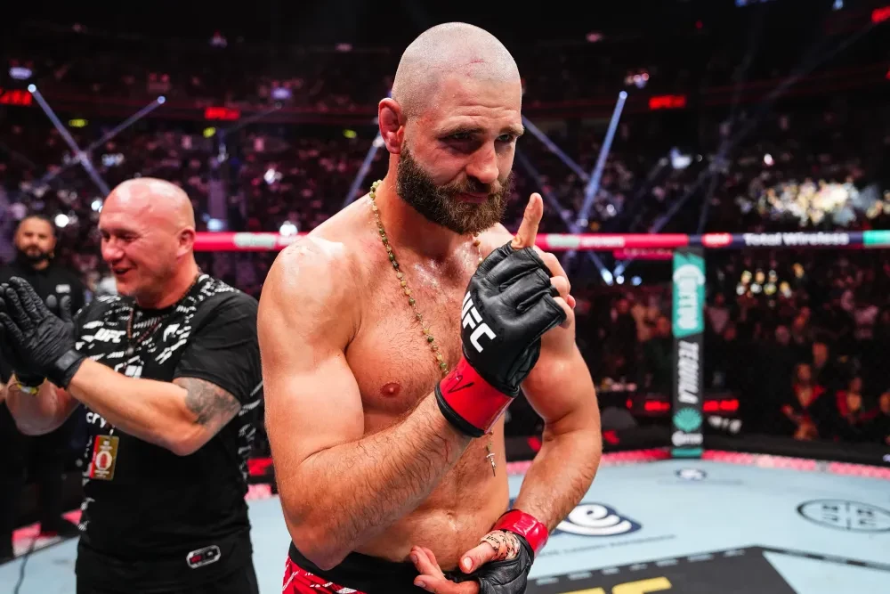 Jiri Prochazka of the Czech Republic reacts to his knockout of Khalil Rountree Jr. in a light heavyweight fight during the UFC 320