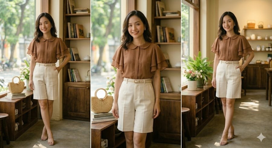 Áo cánh tiên ghi điểm nhờ phần tay xòe mềm mại, tạo độ rủ tự nhiên giúp che phủ bắp tay một cách tinh tế