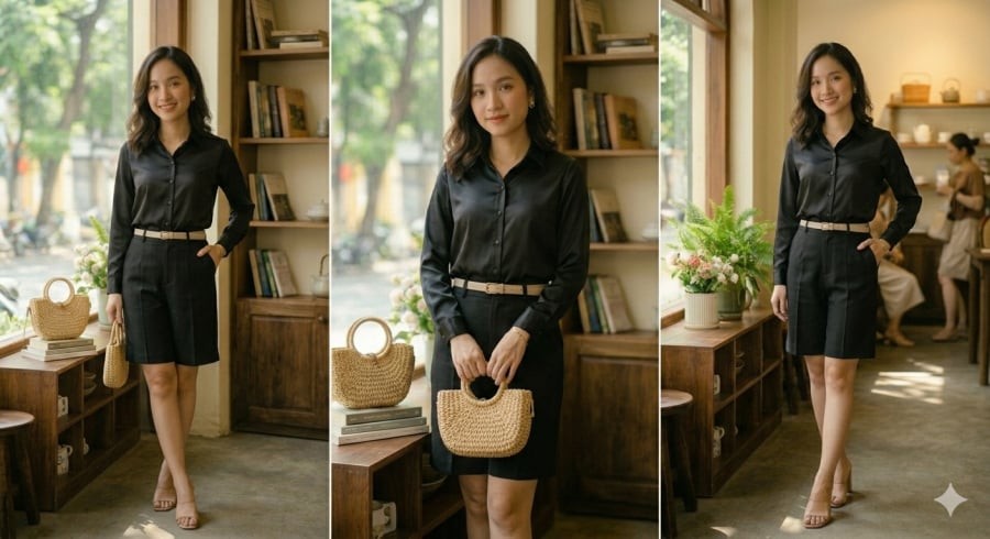 Những gam màu tối như đen, xanh navy hay nâu trầm giúp “thu nhỏ” thị giác, khiến bắp tay trông gọn hơn