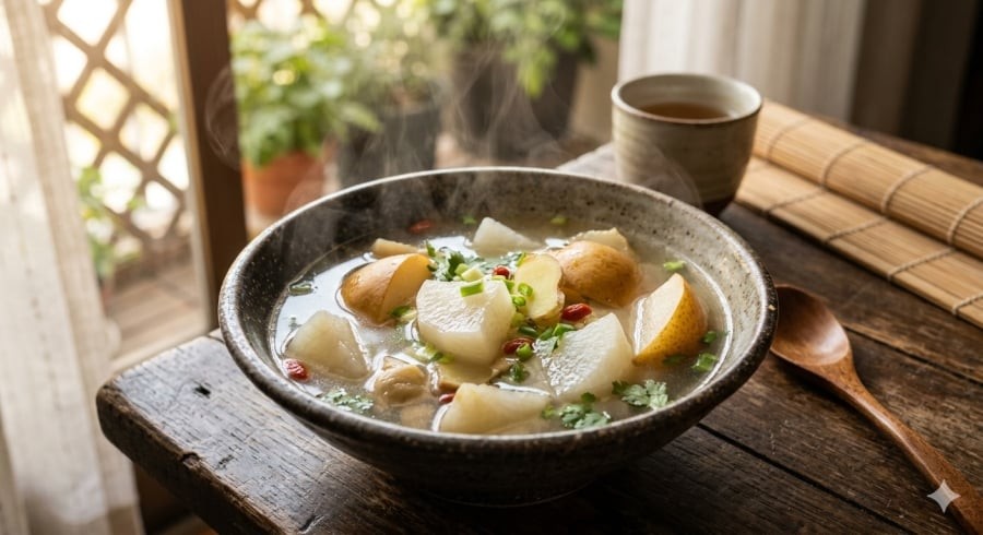 Nước củ cải trắng nấu lê – cách đơn giản giúp cổ họng dễ chịu hơn sau giao mùa.