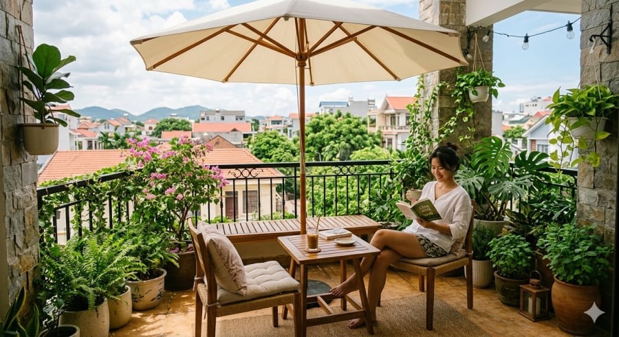 Một chiếc ô ở ban công vừa che nắng mưa, vừa tạo điểm nhấn xanh mát cho ngôi nhà.