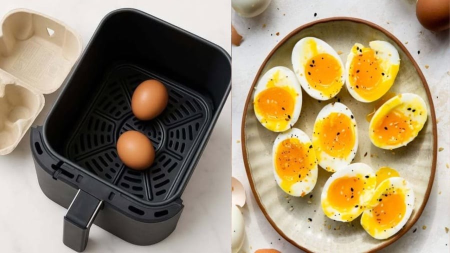 Bạn có thể cho trứng vào nồi chiên không dầu và làm chín ở nhiệt độ 140 độ C trong vòng 8 phút (điều chỉnh thời gian tùy theo thiết bị mà gia đình đang dùng).