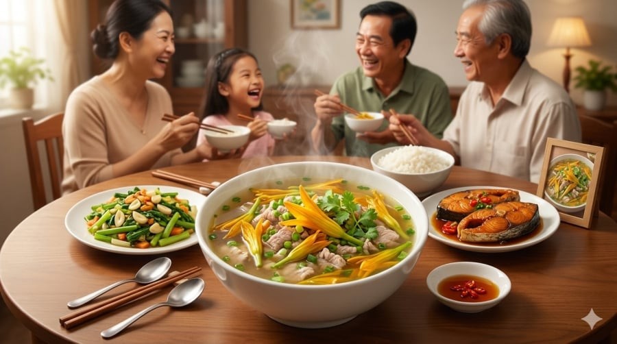 Món canh hoa hiên nấu thịt heo có vị thanh nhẹ, phù hợp cho bữa cơm ngày giao mùa