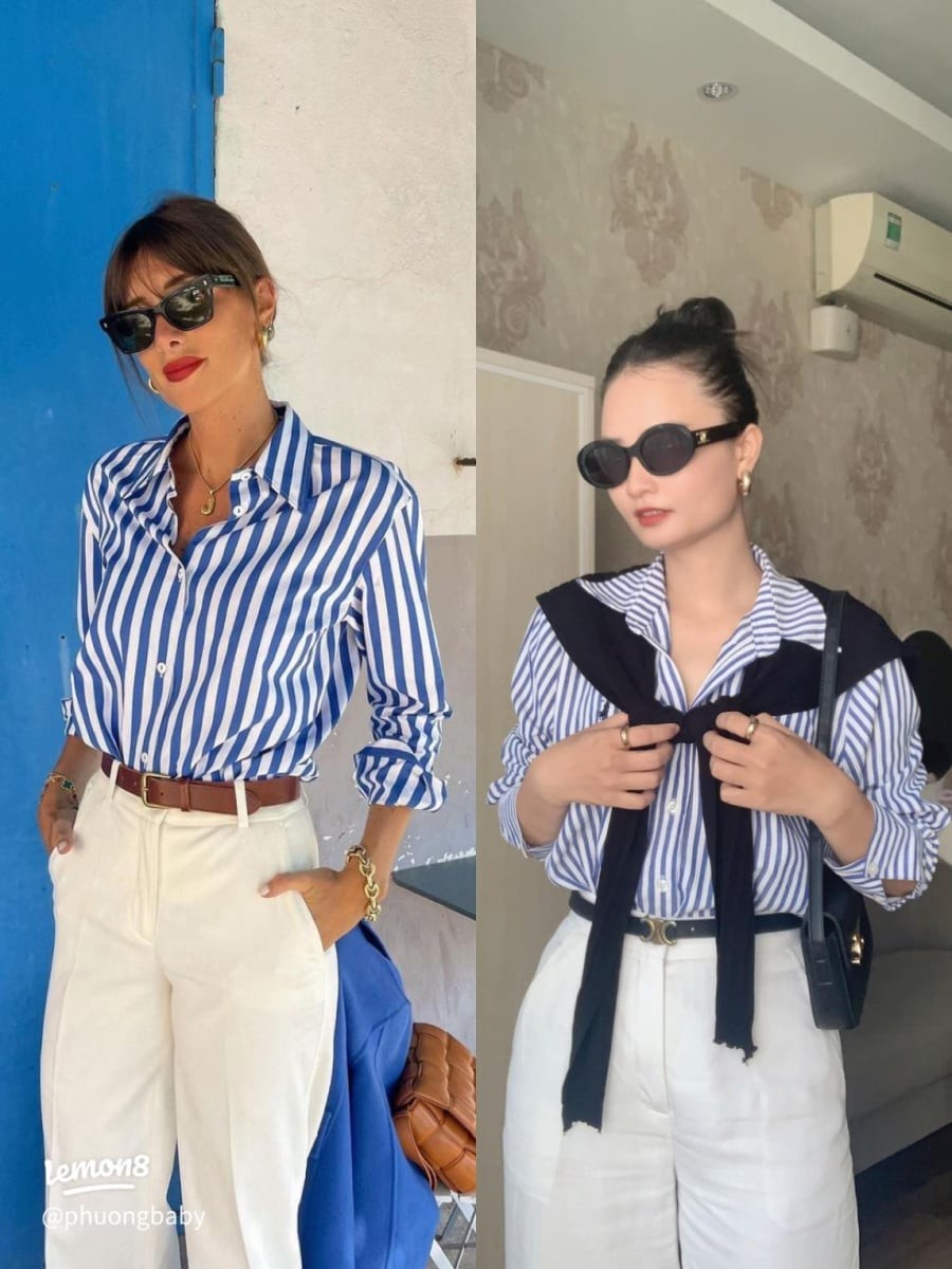 Khi kết hợp với quần trắng, họa tiết sọc giúp tạo hiệu ứng thị giác, khiến vóc dáng trông cao ráo và gọn gàng hơn.