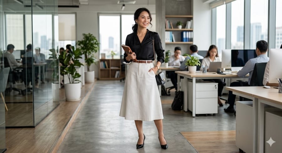 Áo blouse đen kết hợp chân váy sáng màu tạo vẻ ngoài gọn gàng, chuyên nghiệp.