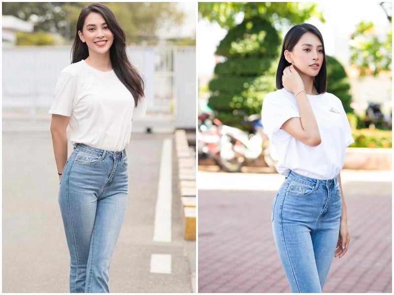 Sự kết hợp giữa áo thun trắng và quần jeans xanh là công thức quen thuộc nhưng chưa bao giờ lỗi mốt.