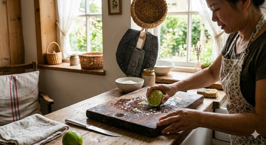 Chanh và muối phát huy hiệu quả rõ rệt hơn khi dùng trực tiếp để làm sạch và khử mùi bề mặt.