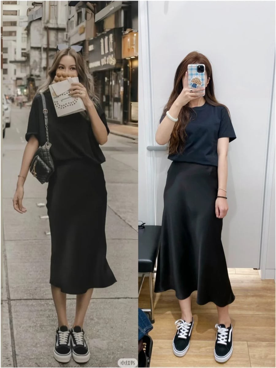 Sự kết hợp giữa chân váy lụa và áo thun hoặc áo dệt kim luôn là lựa chọn an toàn nhưng hiệu quả. 