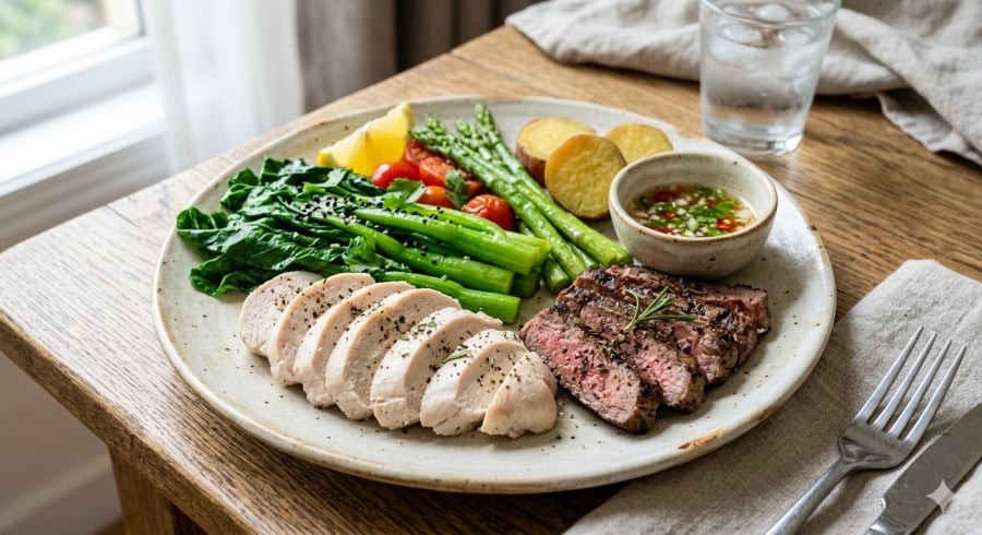 Thực phẩm giàu protein và rau xanh giúp no lâu, hỗ trợ kiểm soát cân nặng