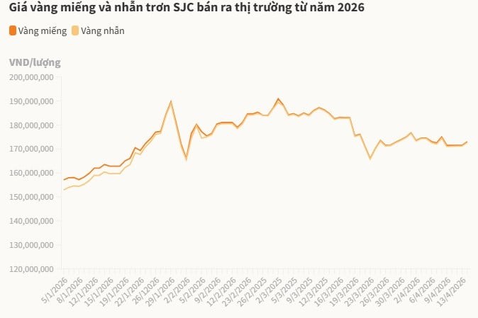 Vàng nhẫn trơn tại SJC tăng thêm 1,5 triệu đồng mỗi chiều, lên 170,2 – 172,7 triệu đồng/lượng. Các doanh nghiệp như PNJ và Bảo Tín Minh Châu niêm yết tương đương, trong khi DOJI cao hơn khoảng 300.000 đồng, dao động quanh 170 – 173 triệu đồng/lượng.

