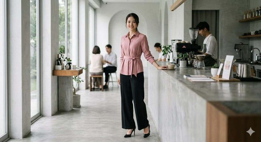 Áo hồng chiết eo kết hợp quần đen giúp tổng thể nổi bật mà vẫn tinh tế.