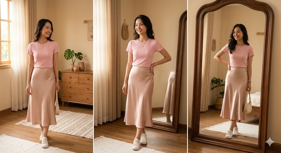 Chất liệu mềm mại kết hợp sắc hồng giúp outfit trông gọn gàng và cao cấp hơn.