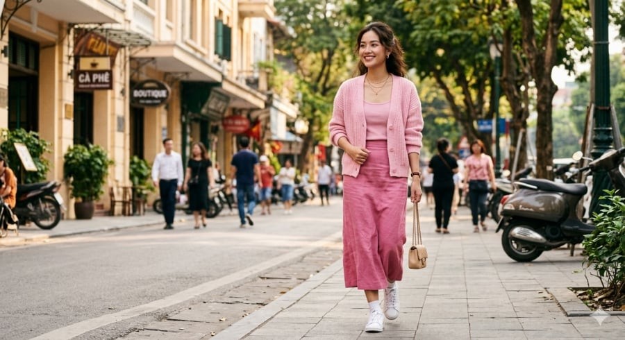 Phối đồ cùng tông giúp tổng thể thanh thoát, nhẹ nhàng và rất hợp cho những buổi dạo phố.