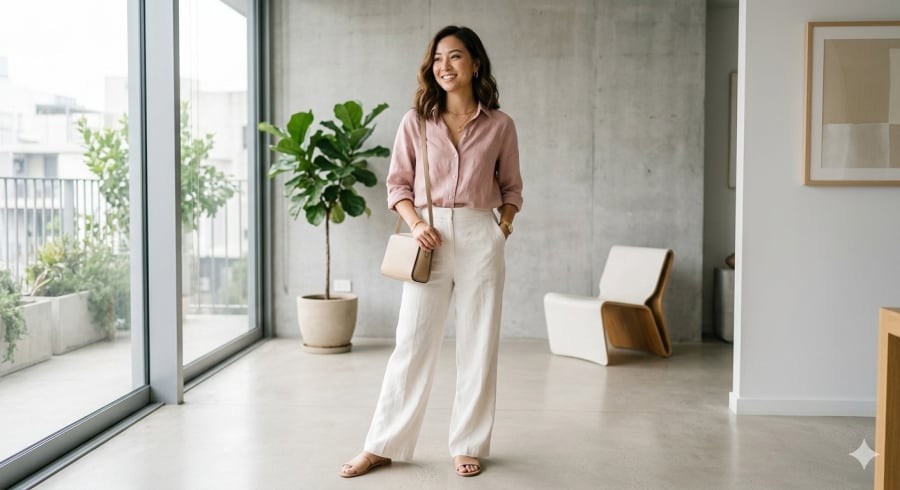 Kết hợp màu hồng với tông trung tính giúp outfit hài hòa, dễ mặc và luôn thanh lịch.