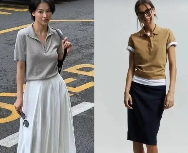 Khi kết hợp với chân váy, áo polo tạo nên tổng thể hài hòa giữa nét cứng cáp và mềm mại