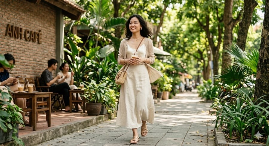 Áo hai dây kết hợp chân váy suông giúp cân bằng giữa sự mát mẻ và nét quyến rũ tinh tế.