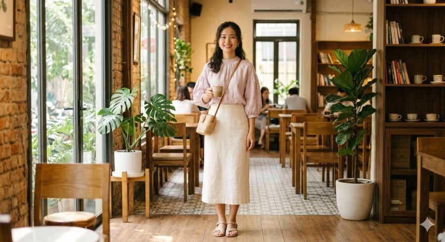 Set đồ chân váy suông và áo blouse mang đến vẻ ngoài dịu dàng, thanh lịch, phù hợp từ công sở đến hẹn hò cuối tuần.