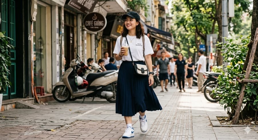 Đơn giản với áo thun và chân váy suông, bạn vẫn có thể tạo nên outfit trẻ trung, dễ ứng dụng mỗi ngày.