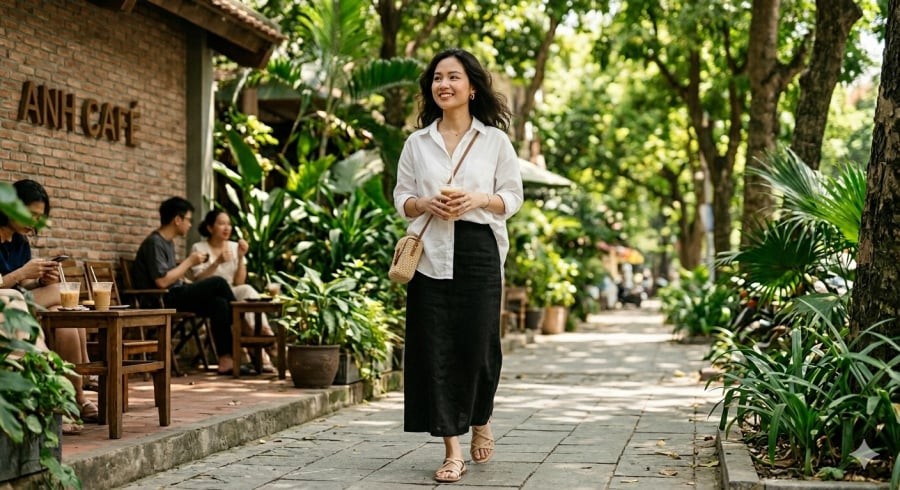 Chân váy suông và áo sơ mi là công thức “an toàn” nhưng luôn ghi điểm nhờ vẻ thanh lịch, hiện đại.