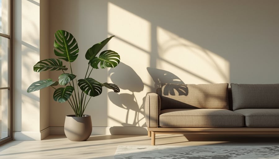 Trầu bà lá xẻ giúp tạo điểm nhấn mạnh và tăng chiều sâu cho không gian.