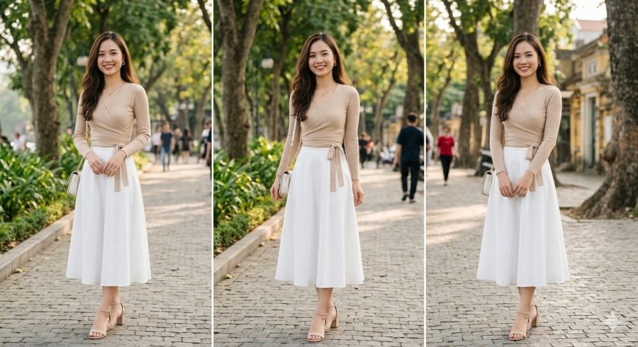 Áo ôm phối chân váy chữ A giúp vóc dáng trông cân đối và nữ tính hơn.