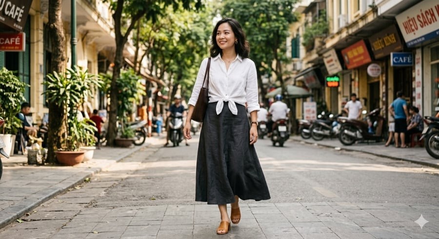 Sơ mi và chân váy là lựa chọn an toàn cho phong cách thanh lịch, trưởng thành.