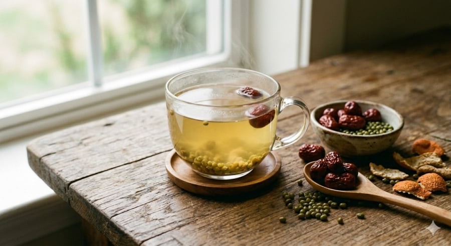 Trà đậu xanh và táo đỏ mang vị ngọt thanh, phù hợp để thư giãn sau ngày dài