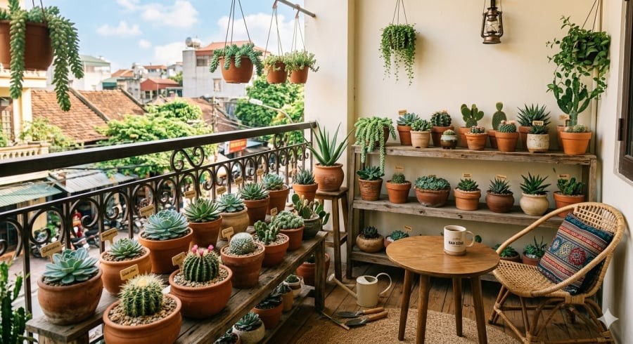 Xương rồng và sen đá phù hợp với ban công nhiều nắng, gần như không cần chăm sóc thường xuyên.