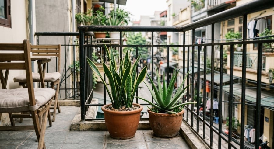 Lưỡi hổ và nha đam là hai lựa chọn dễ trồng, phù hợp nhiều kiểu ban công.