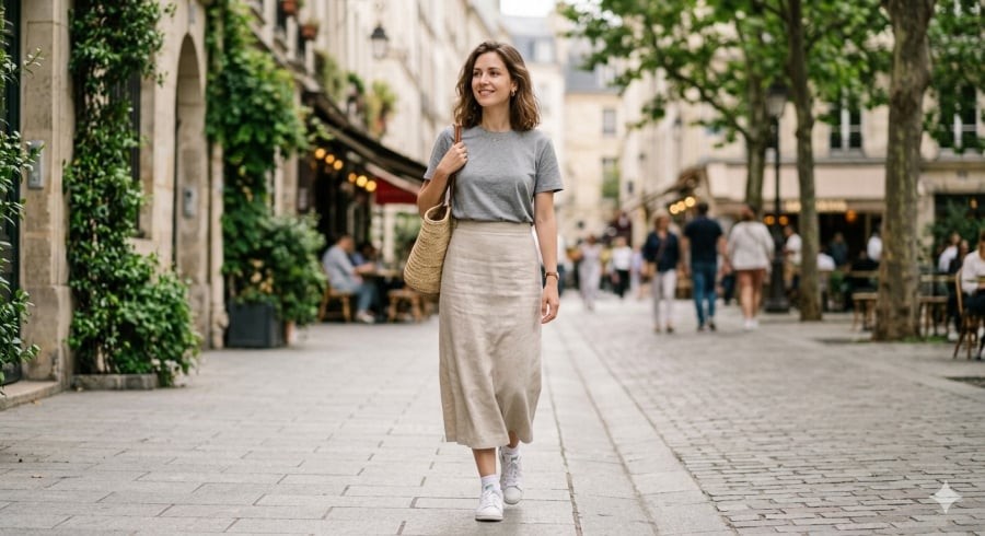 Áo thun và chân váy midi – lựa chọn đơn giản nhưng dễ ghi điểm nơi công sở.