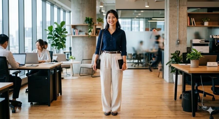 Sơ mi xanh đậm phối quần sáng màu – công thức an toàn nhưng luôn tạo cảm giác thanh lịch.