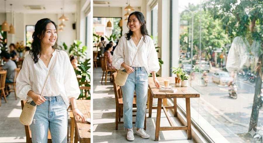Blouse trắng và jeans sáng – thoải mái nhưng vẫn giữ được nét chỉn chu cần thiết.