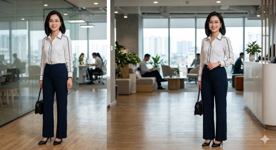 Chi tiết viền đen giúp set đồ tối giản trở nên nổi bật một cách tinh tế.