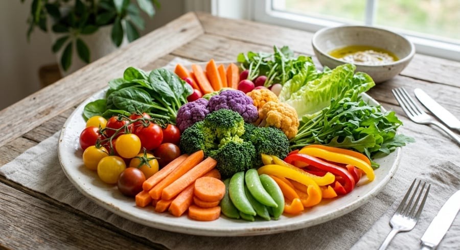 Rau củ giàu chất xơ và vi chất giúp hỗ trợ kiểm soát mỡ máu và bảo vệ mạch máu.