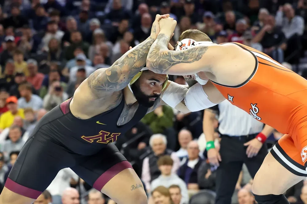 PHILADELPHIA, PENNSYLVANIA - MARCH 22: Gable Steveson of the Minnesota Golden Gophers wrestles Wyatt Hendrickson