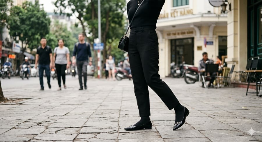 Giày mũi nhọn là điểm nhấn nhỏ nhưng nâng tầm toàn bộ outfit.