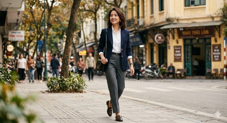 Quần âu ly giữa giúp tổng thể luôn sắc nét và chuyên nghiệp.