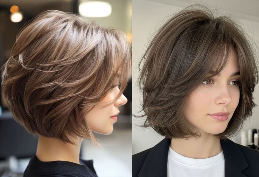 Kiểu tóc này giúp tổng thể gương mặt trông gọn hơn, đồng thời tạo cảm giác tóc dày và chắc khỏe hơn.