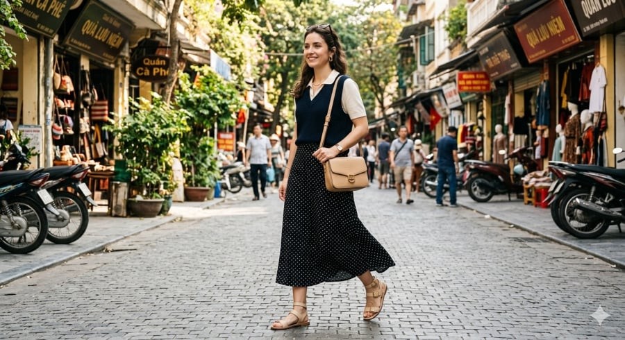 Sự kết hợp giữa váy chấm bi và áo gile mang lại vẻ ngoài tinh tế, phù hợp cả đi làm lẫn dạo phố.