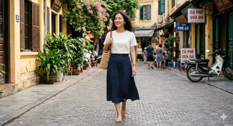 Váy chấm bi cạp cao kết hợp áo dáng ngắn giúp tạo tỷ lệ cơ thể cân đối, tôn chiều cao hiệu quả.