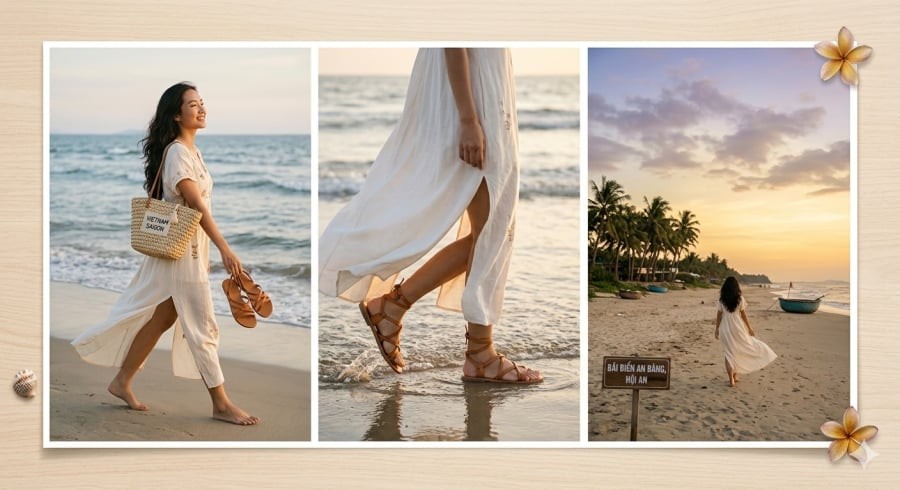 Sandal đế bệt vừa linh hoạt khi di chuyển vừa giúp tổng thể trang phục thêm nữ tính.