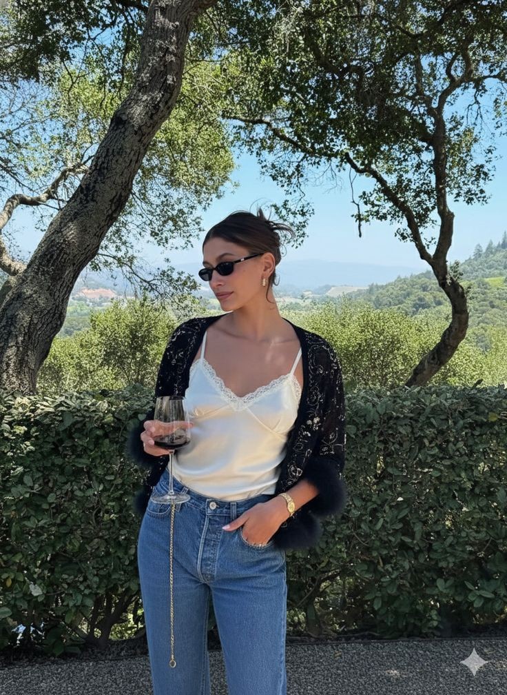 Một trong những công thức được Hailey Bieber ưa chuộng là kết hợp áo hai dây lụa cùng quần jeans, khoác ngoài bằng áo ren mỏng.