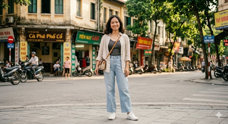 Set đồ áo hai dây và jeans ống rộng mang đến cảm giác mát mẻ, năng động mà vẫn gợi cảm vừa đủ.